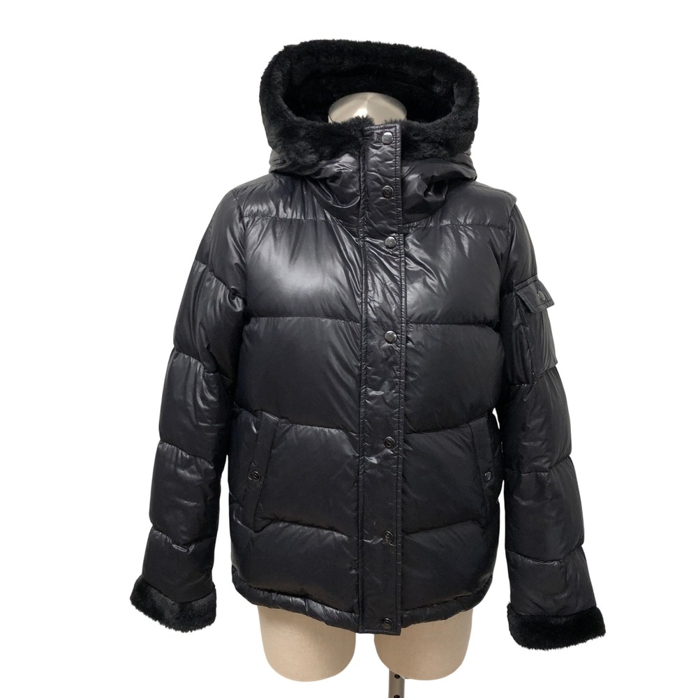 S13 Puffer Jacket Womens Small Black Down Filled Faux Fur Trim Hooded Coat